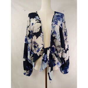 7th Ave N.Y. and Co. Women's Blue White Floral Tie-Front Blouse Size Large